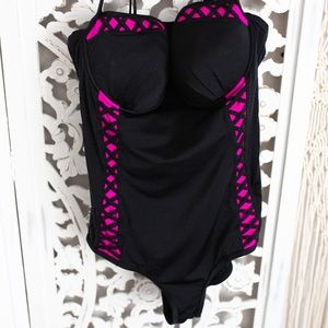 Torrid Black and Pink Lattice Swimsuit